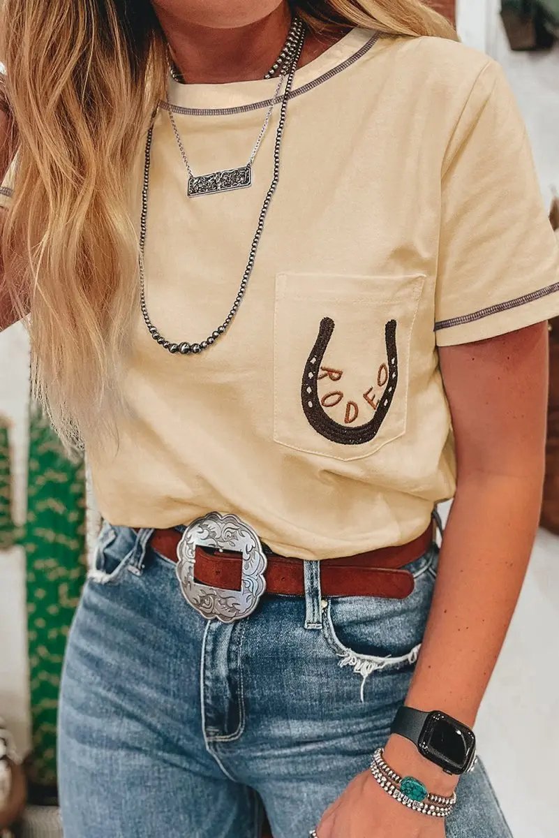 Apricot RODEO Horseshoe Embroidered Patch Pocket T Shirt - Love Salve
